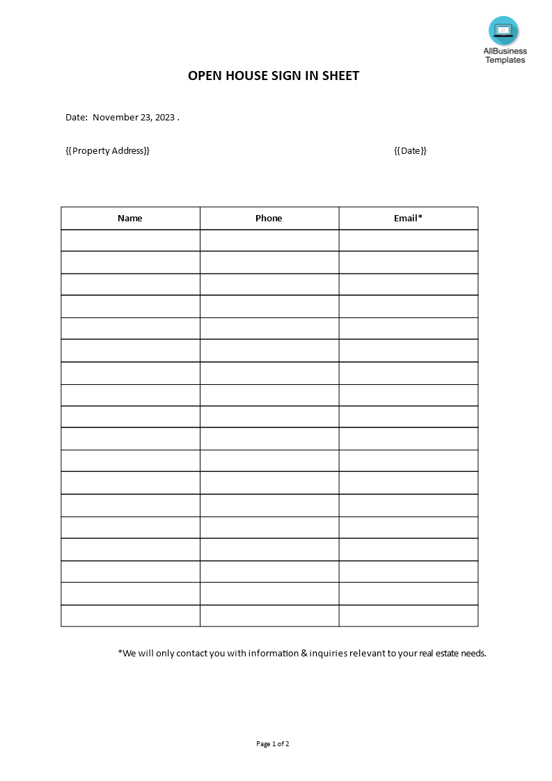 open house sign-in sheet plantilla imagen principal