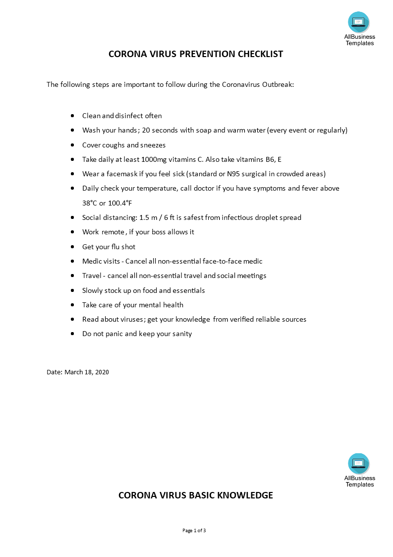 coronavirus prevention checklist template