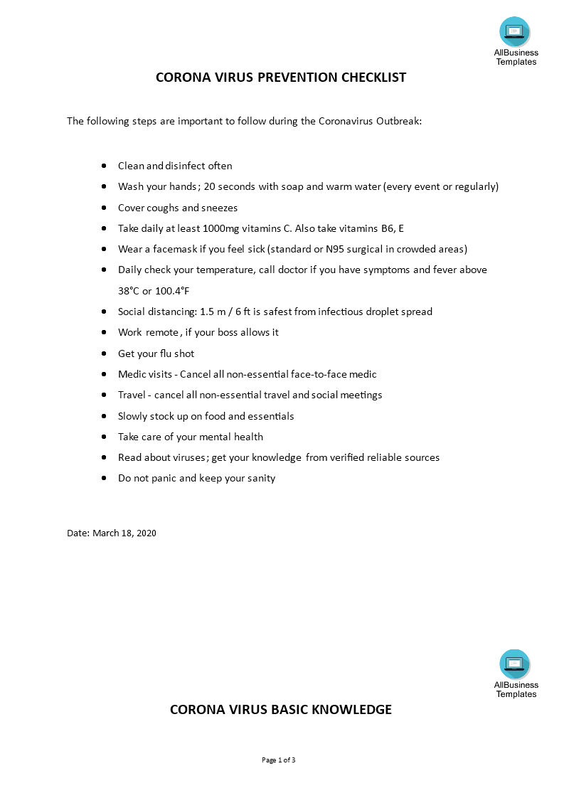 coronavirus prevention checklist Hauptschablonenbild