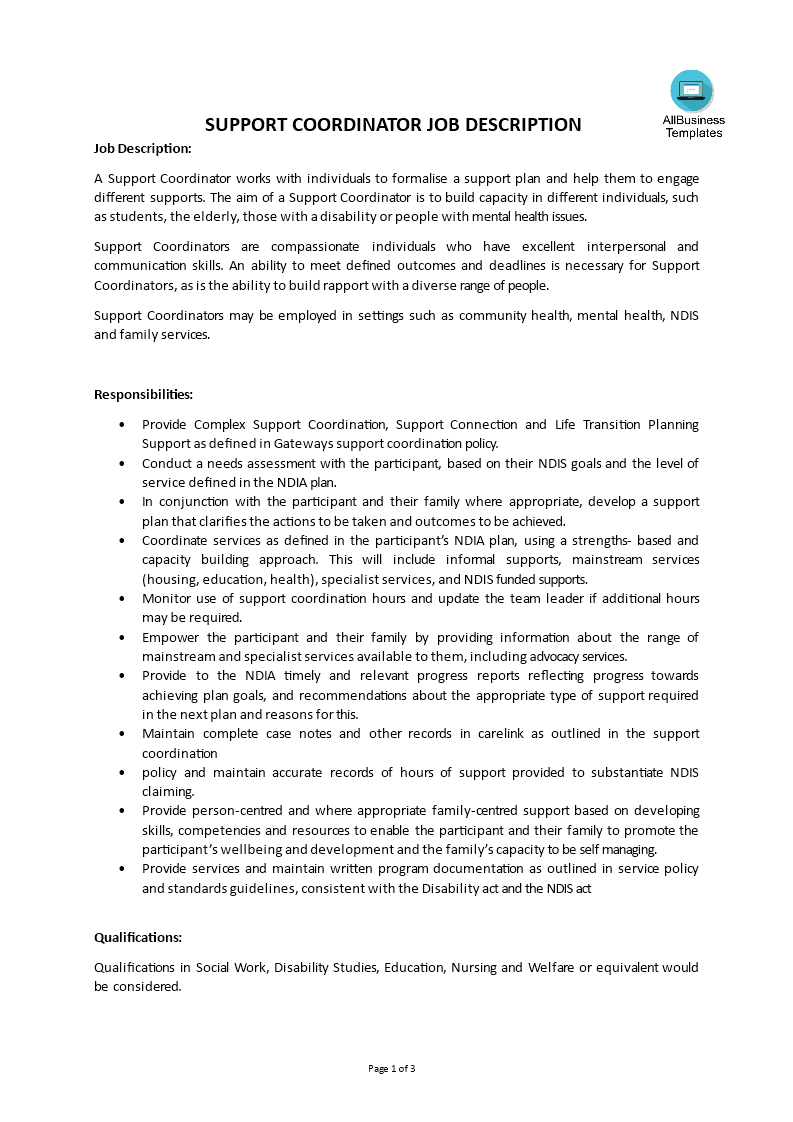 Support Coordinator Job Description main image