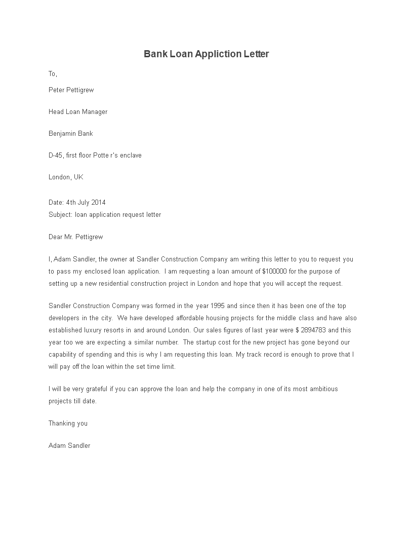 sample application letter for loan to bank