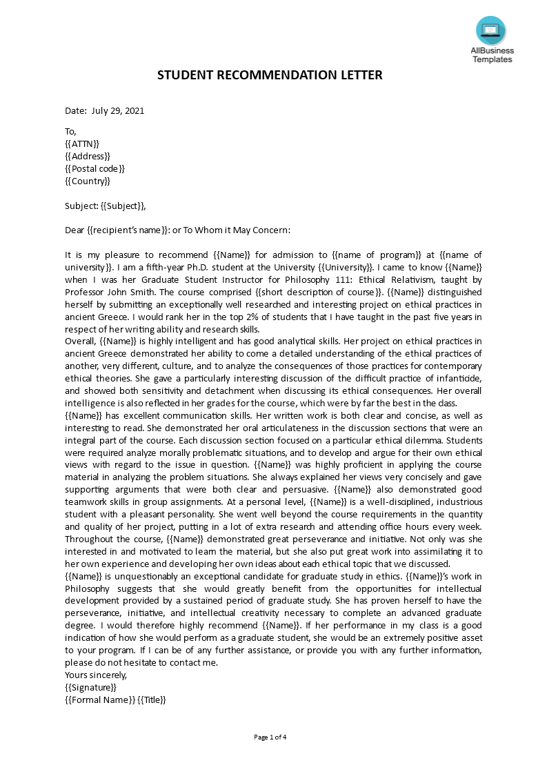 T l charger Gratuit Student Recommendation Letter