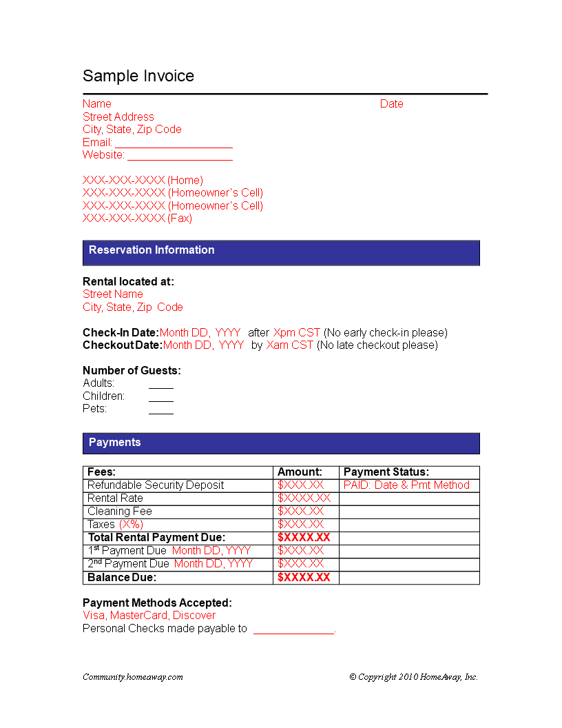 receipt vacation rental booking template