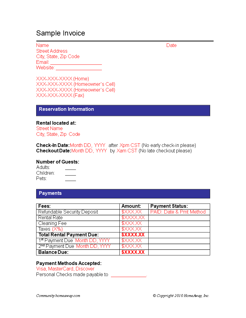 Receipt Vacation Rental Booking 模板