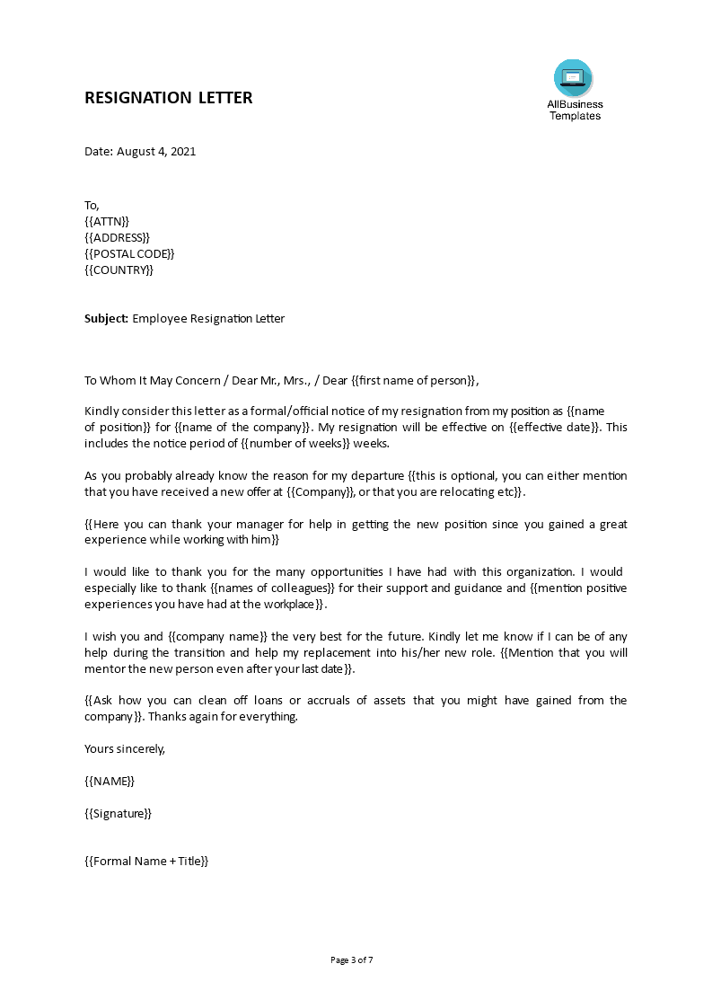 email letter of resignation Hauptschablonenbild