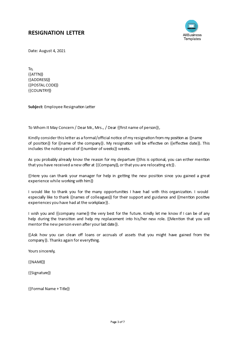 email letter of resignation template