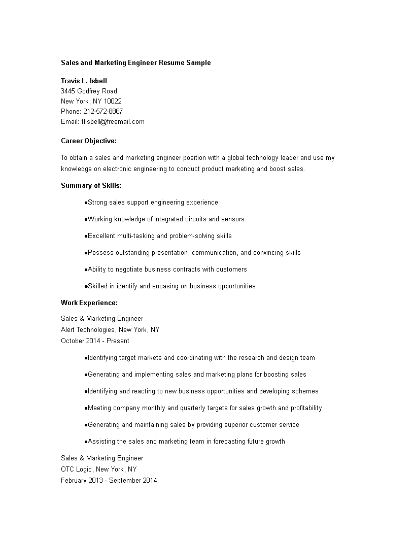 Sales Marketing Engineer Resume sample main image