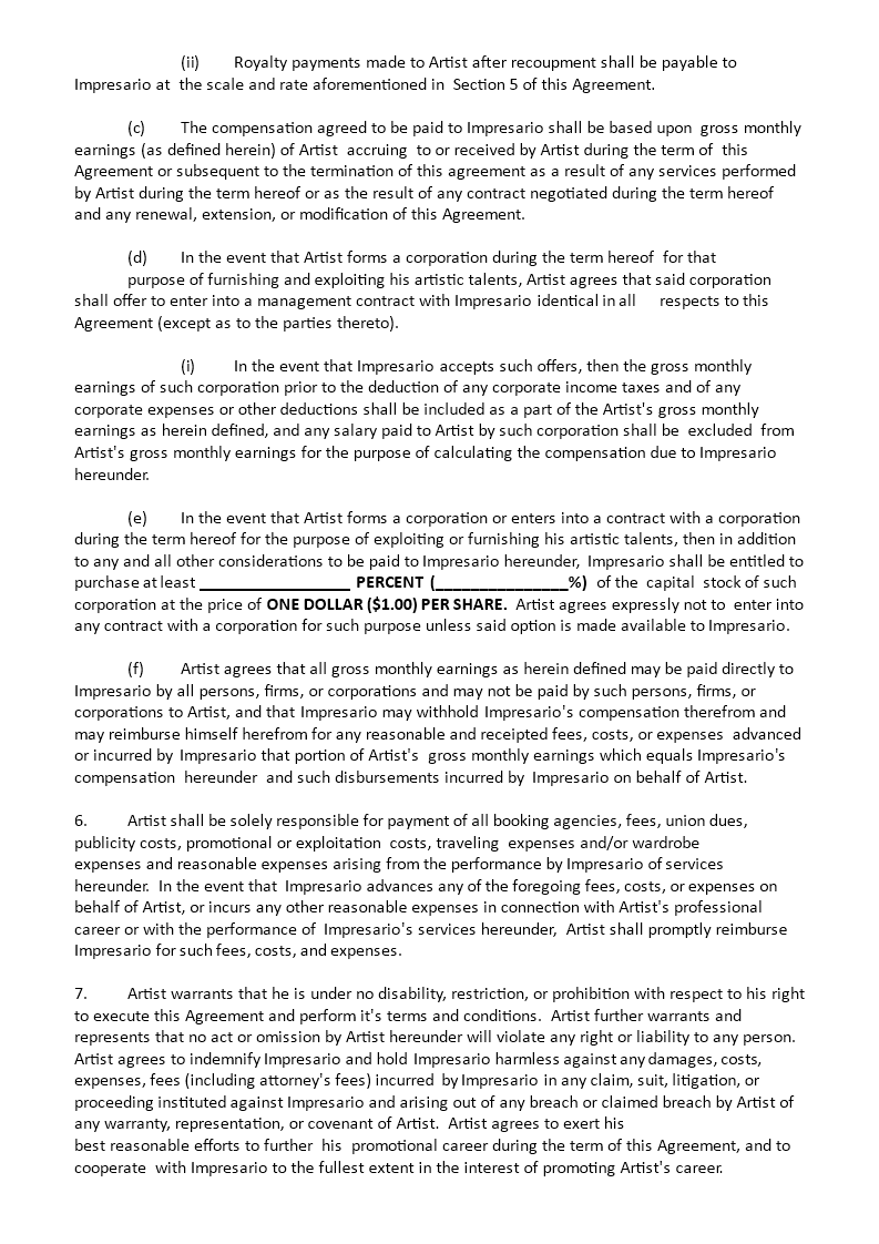 Kostenloses Artist management agreement Pertaining To artist management contract templates