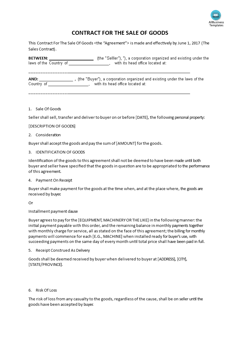 sale of goods contract template