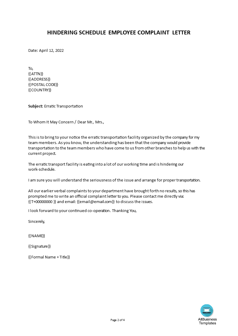 employee complaint letter to boss plantilla imagen principal