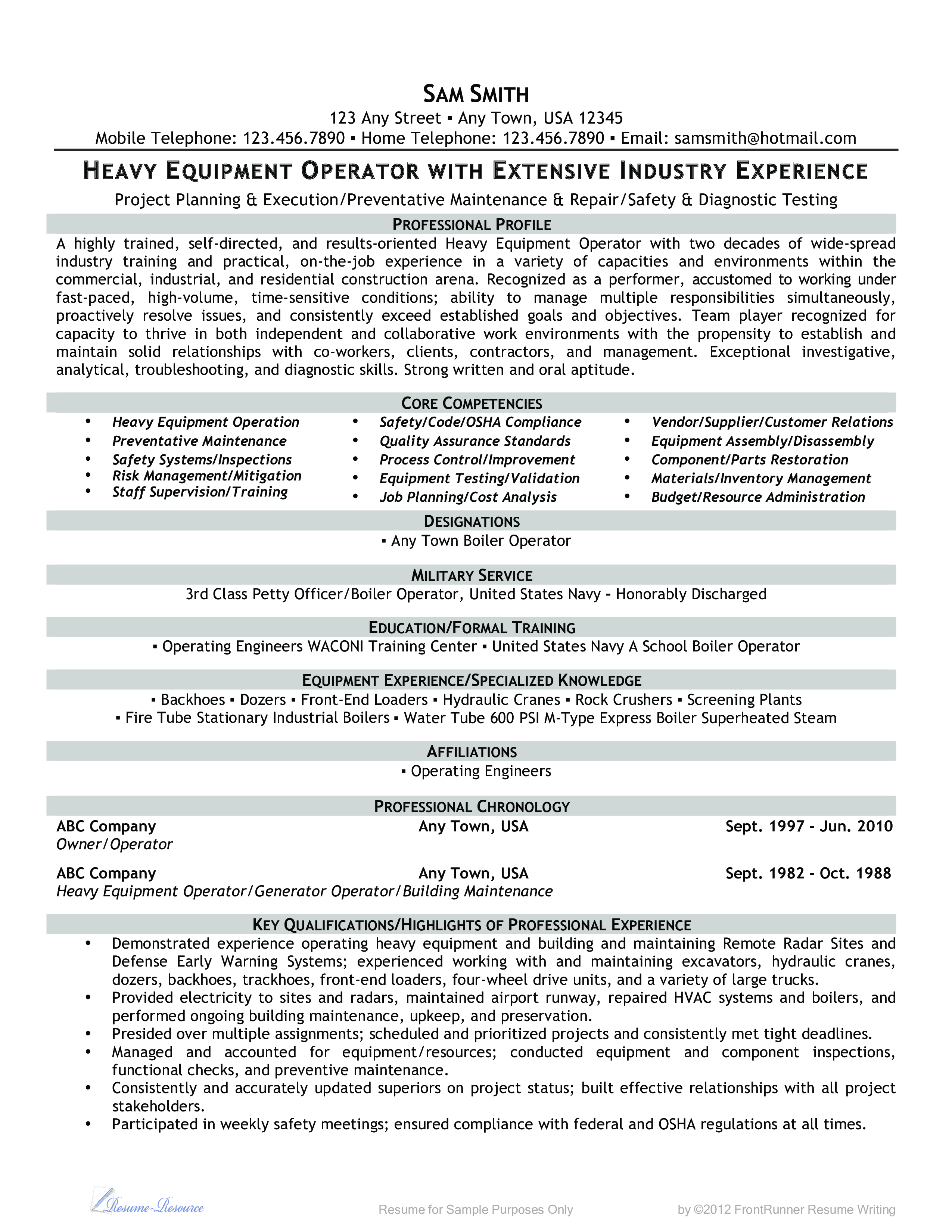 Heavy Equipment Operator CV 模板