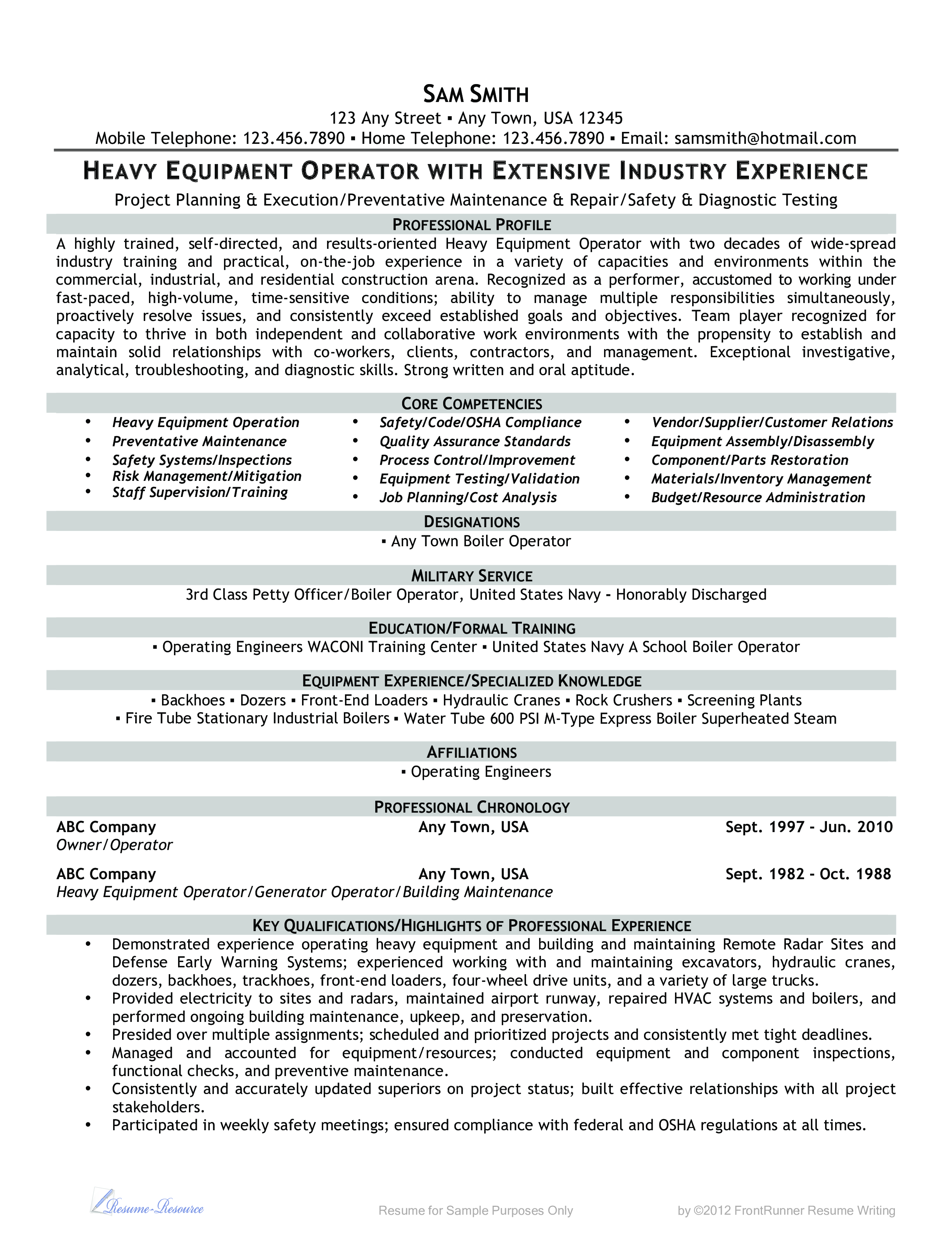 heavy equipment operator cv template