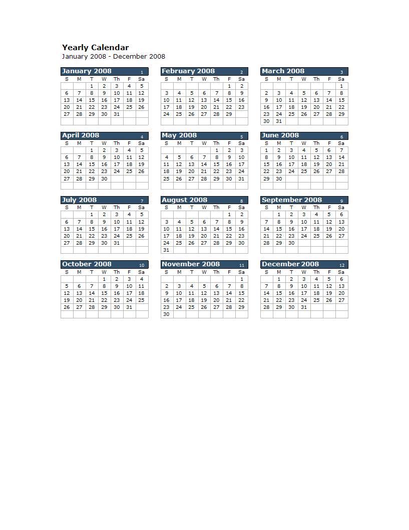 excel yearly calendar modèles