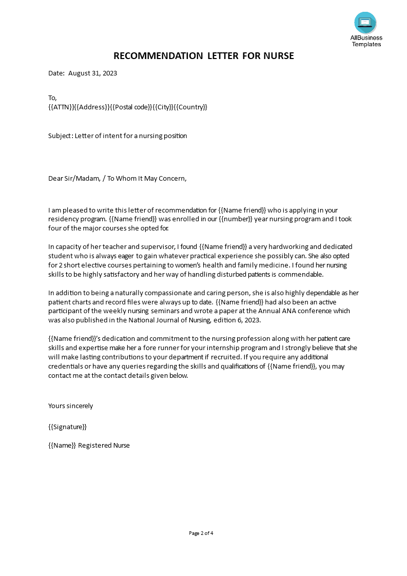 nursing faculty recommendation letter Hauptschablonenbild
