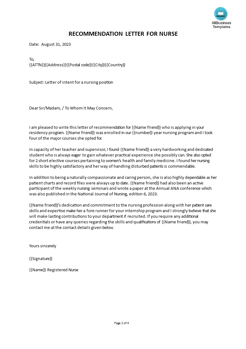 nursing faculty recommendation letter template