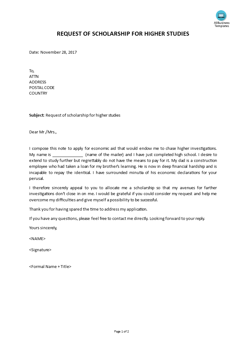 higher studies scholarship letter template