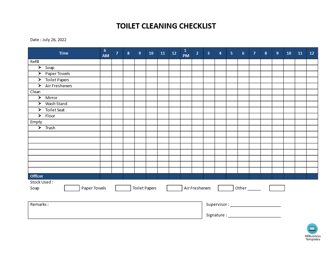 Toilet Cleaning Chart Format