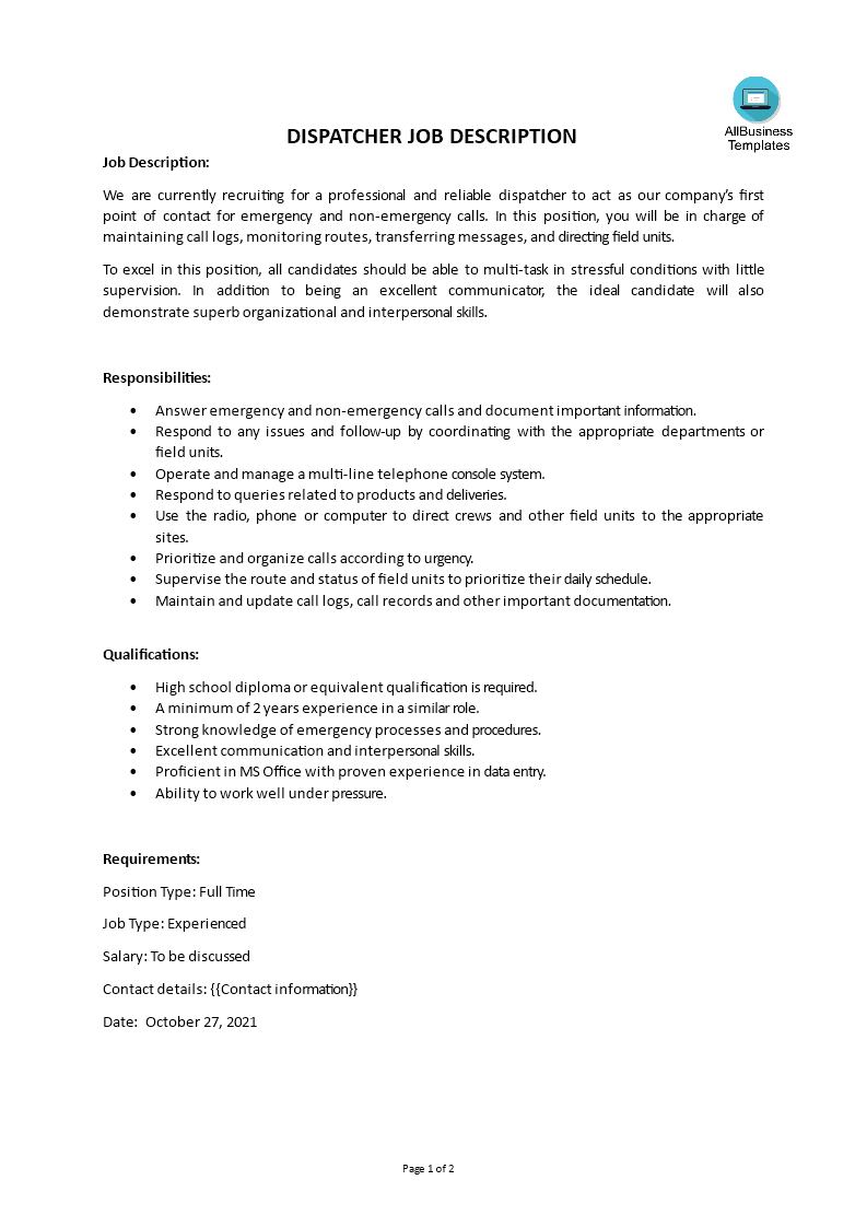 dispatcher job description modèles