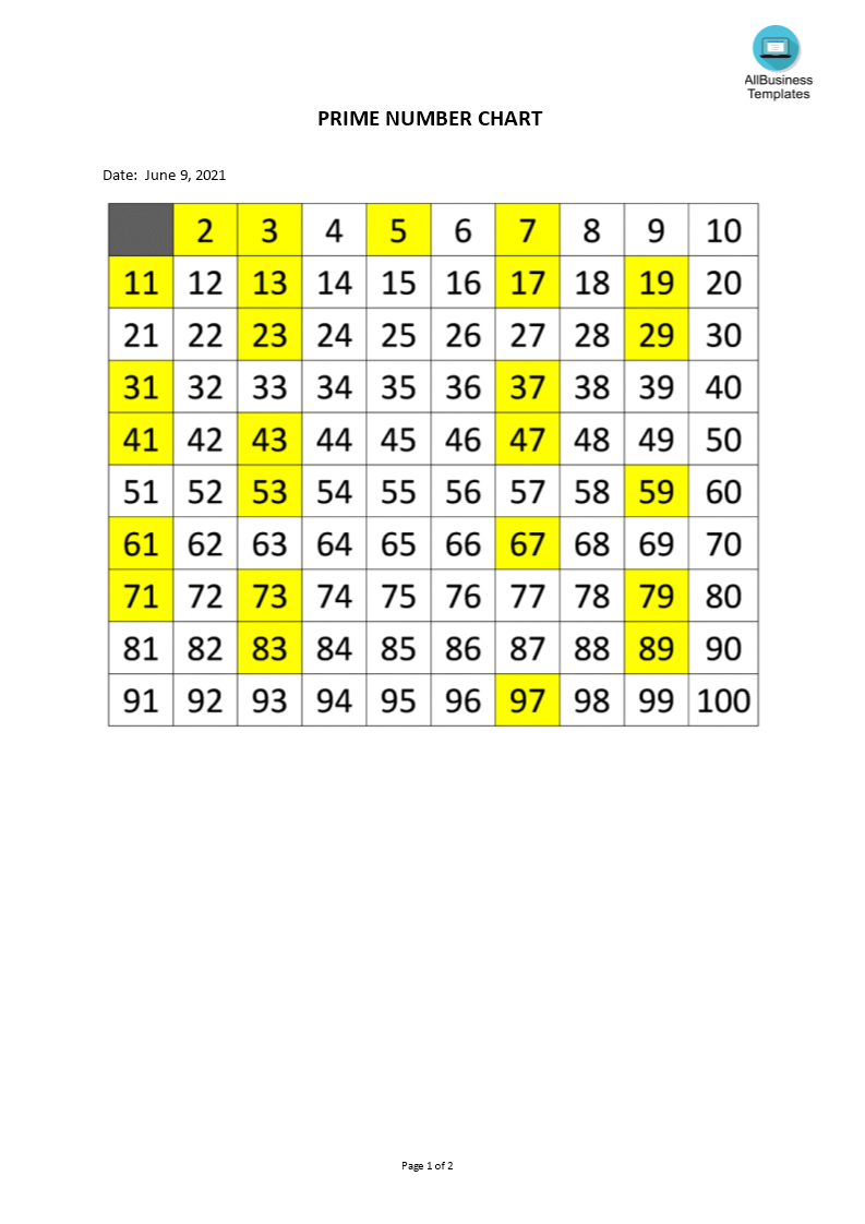 prime number chart template