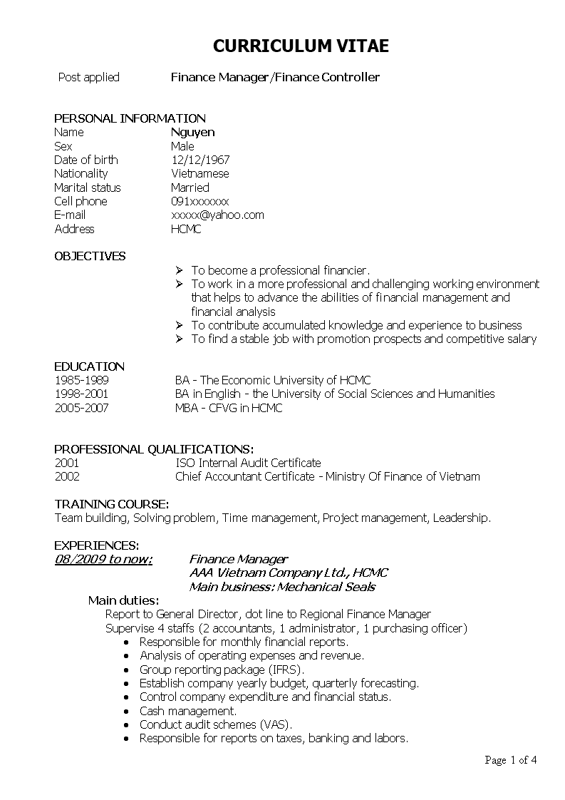 finance budget controller resume template