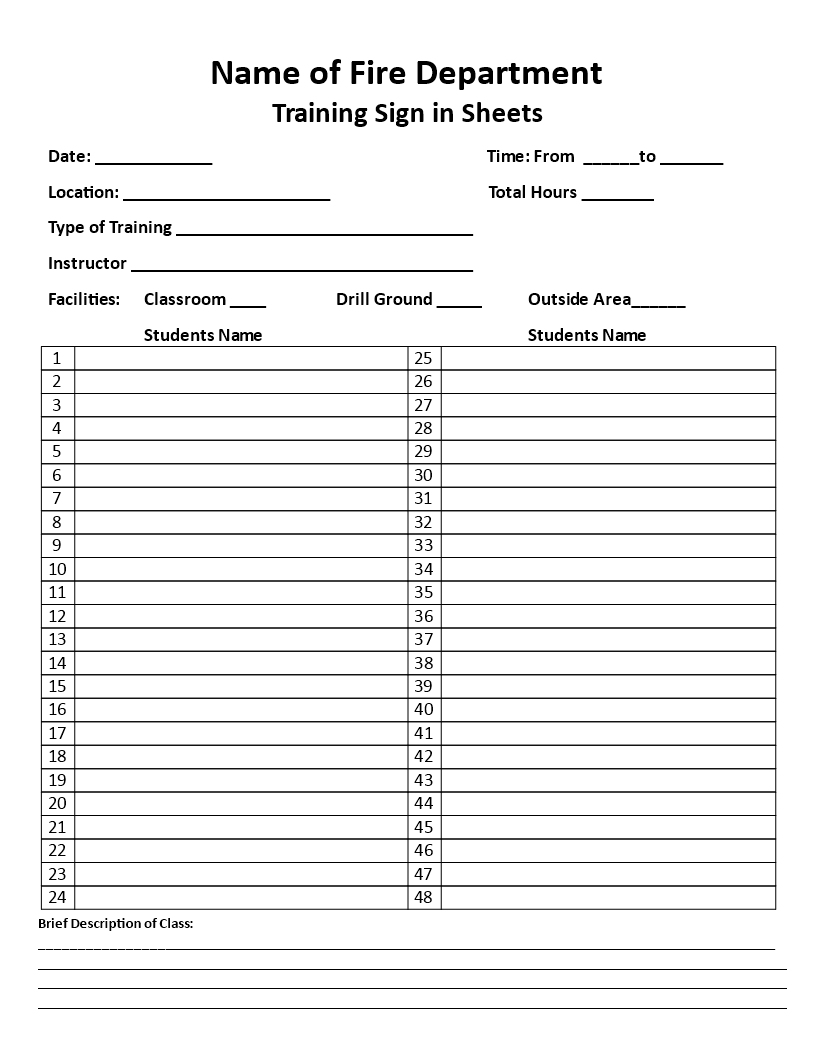 Sample Training Sign In Sheet 模板