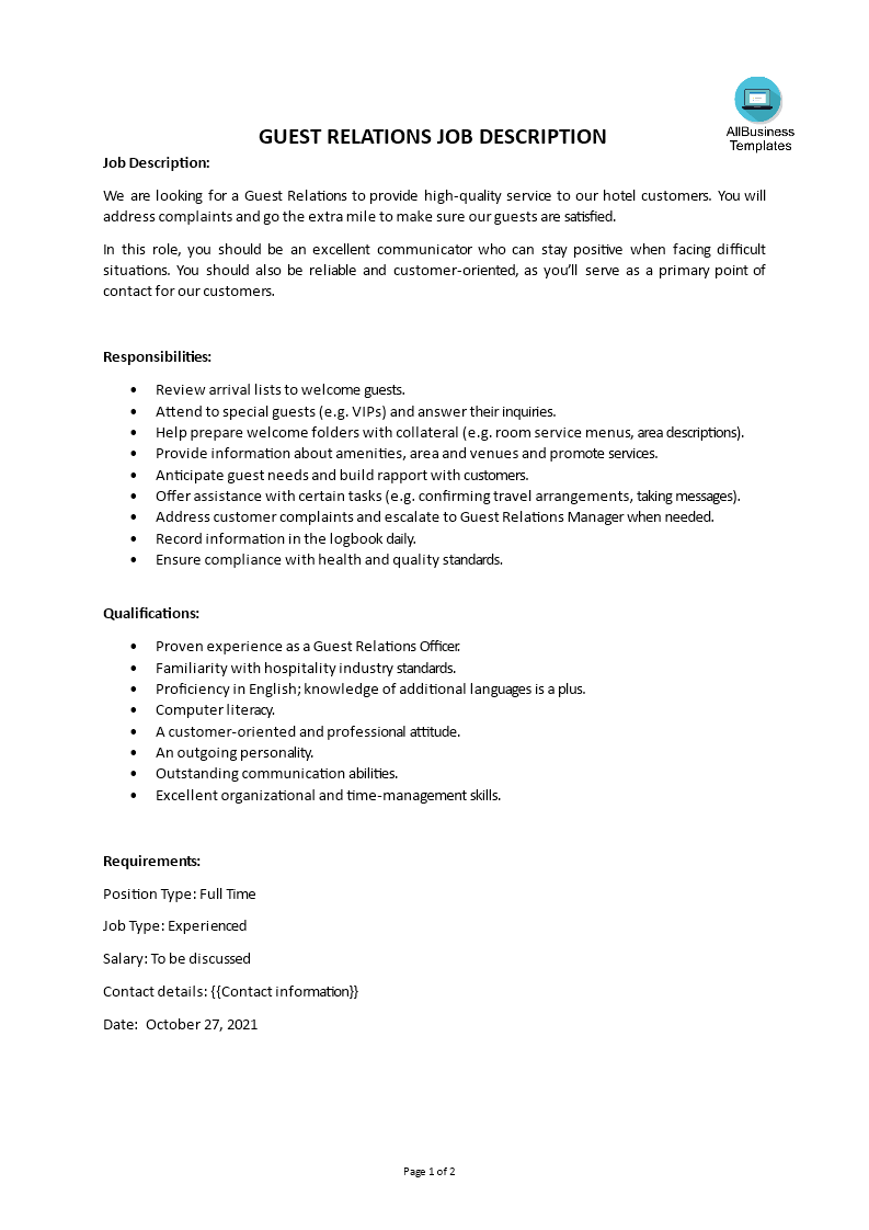 Guest Relations Job Description main image