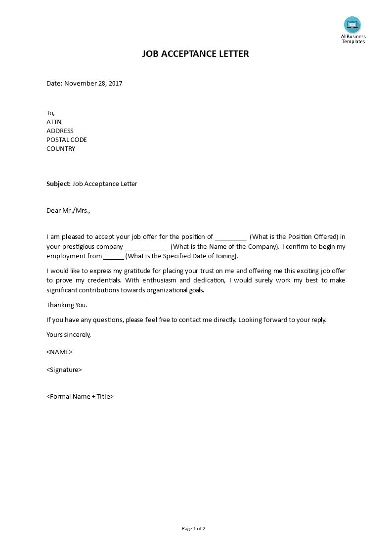 Formal Acceptance Letter 模板