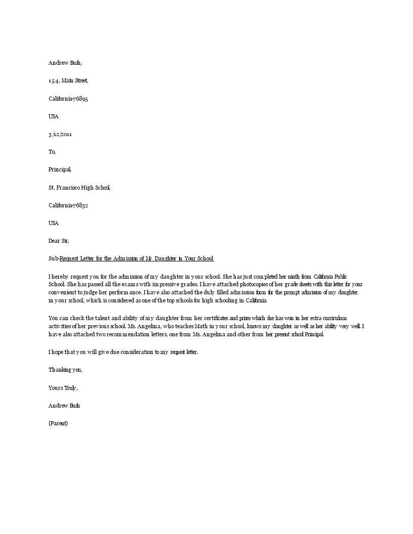 school admission request letter modèles