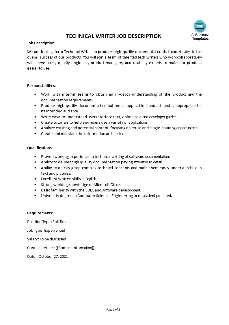 Technical Writing Job Description main image