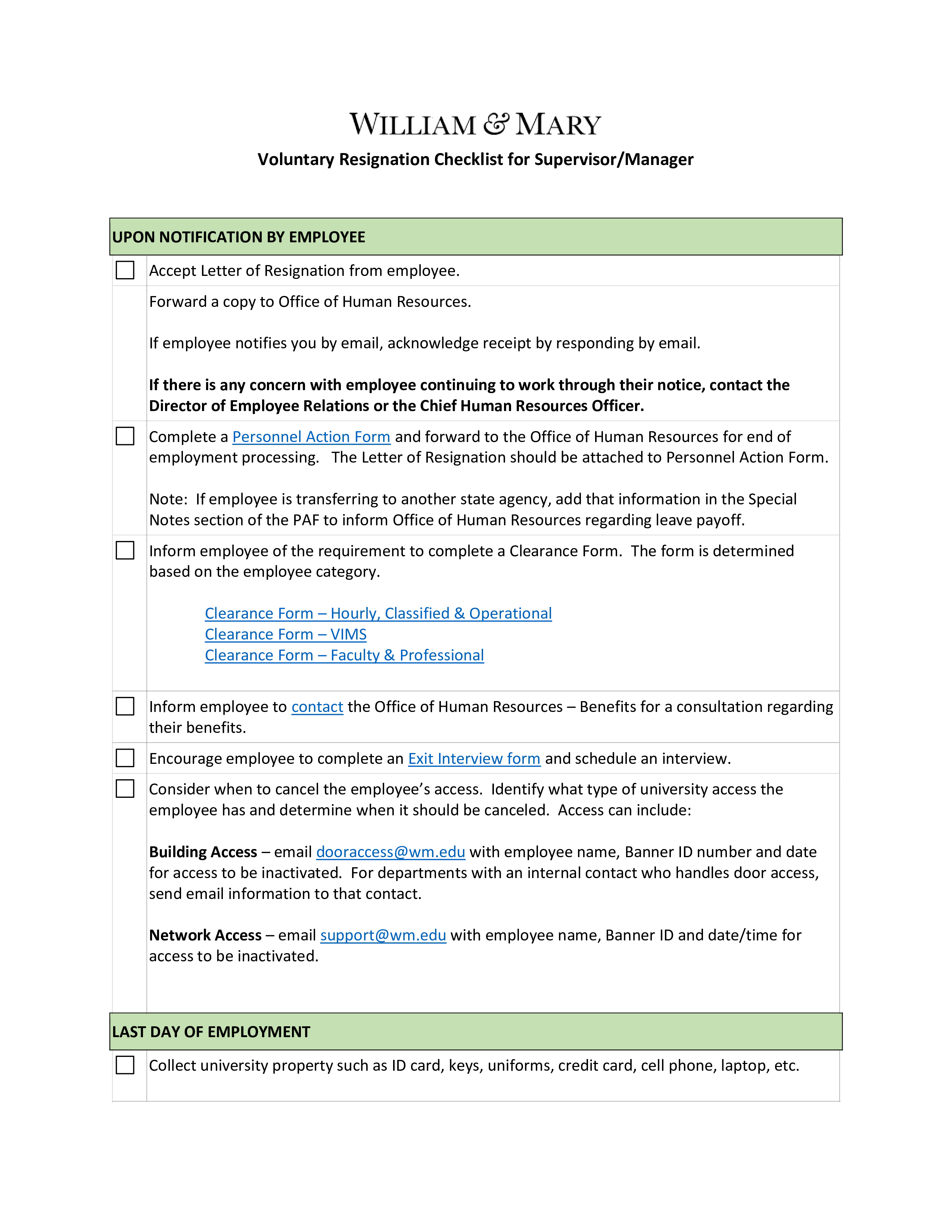 volunteer resignation checklist for manager template