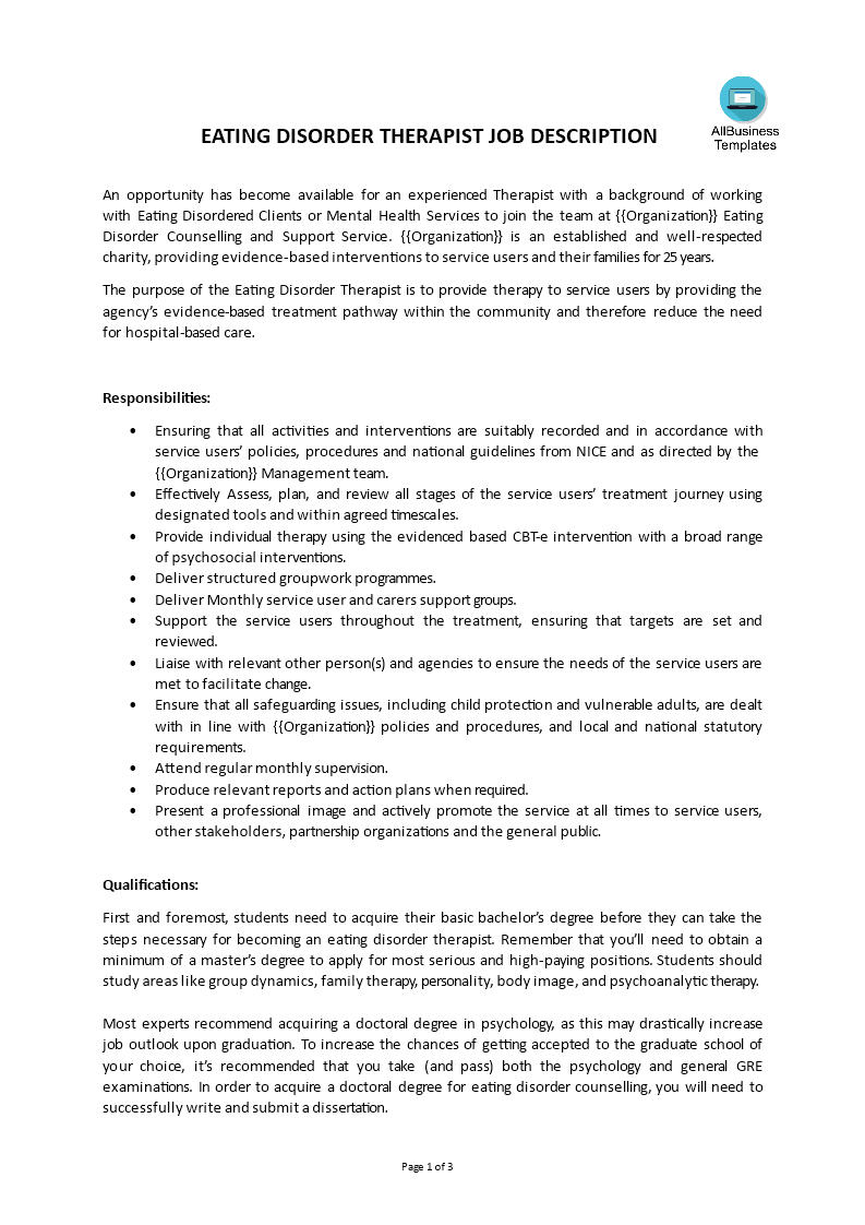 eating disorder therapist job description template