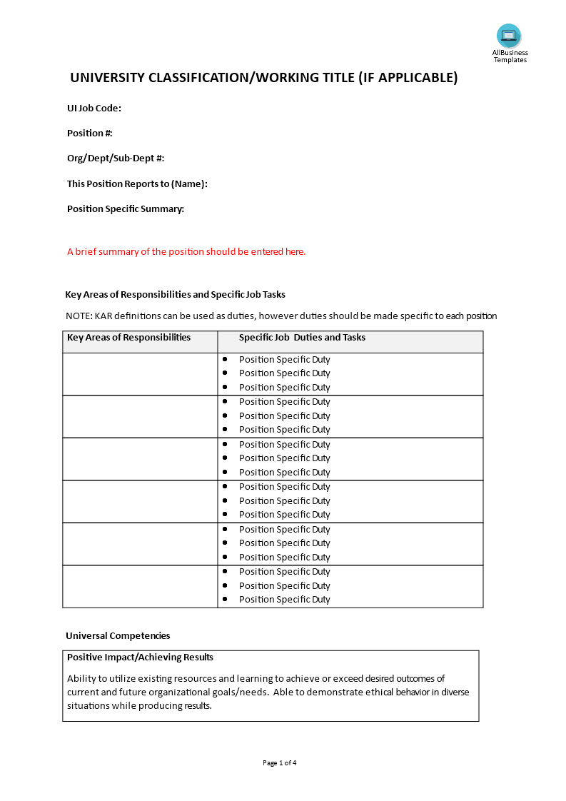 university classification working title template
