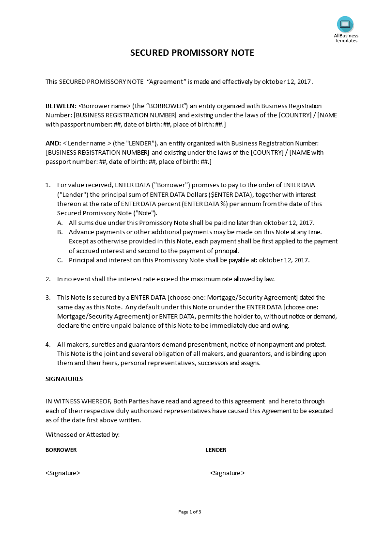 Secured Loan Promissory Note example main image