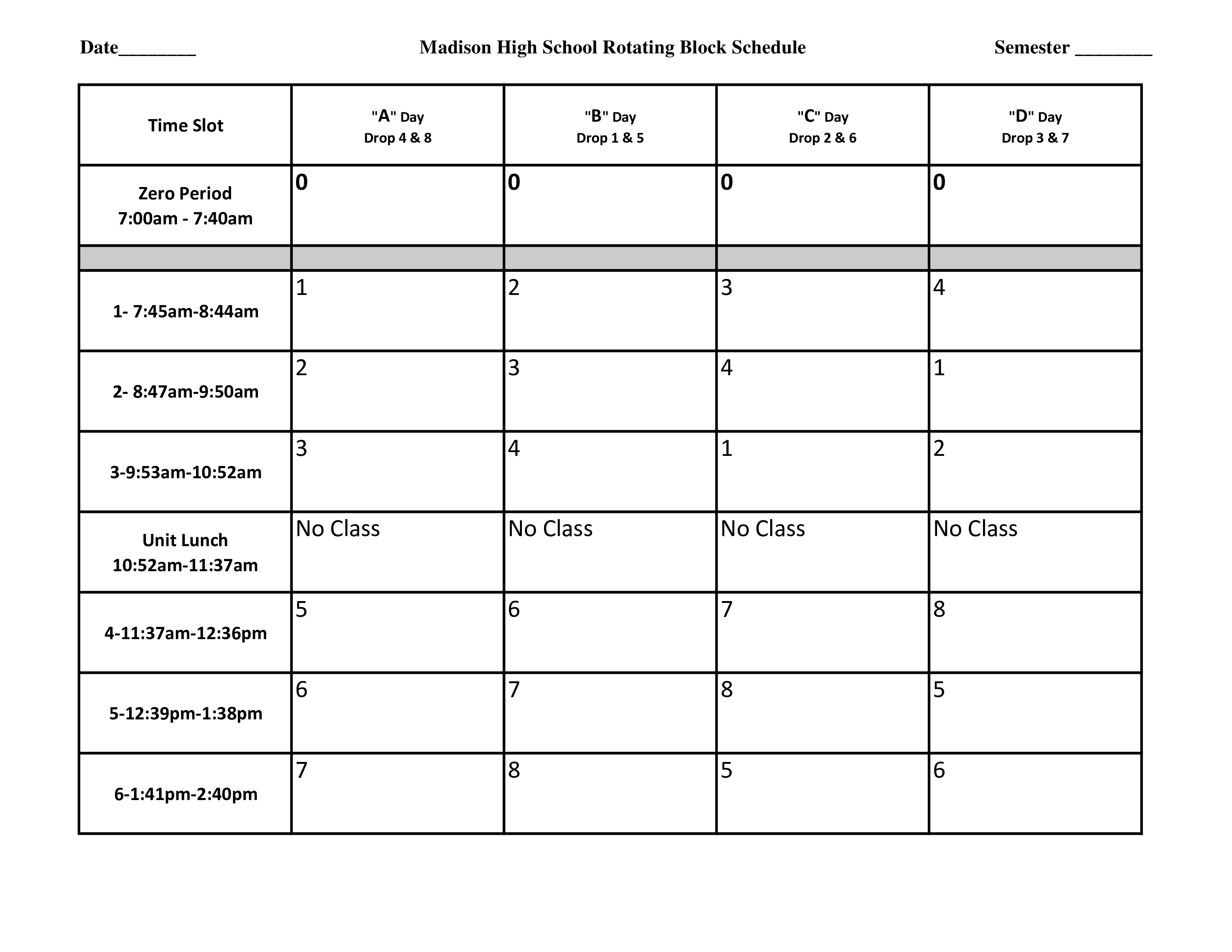 Blank High School Schedule main image