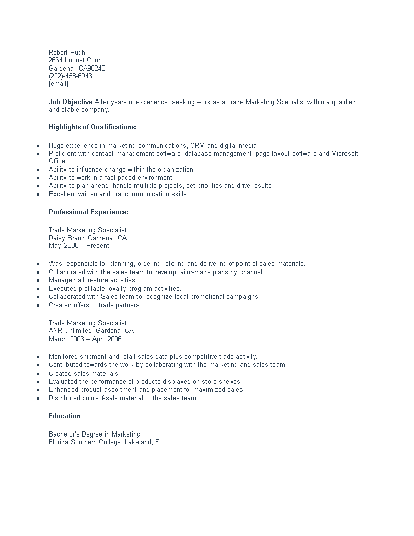 trade marketing specialist resume template