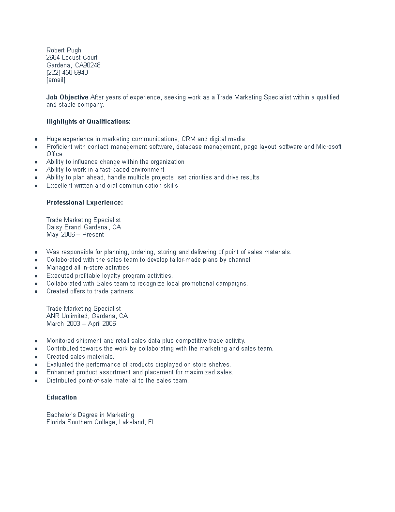 Trade Marketing Specialist Resume main image