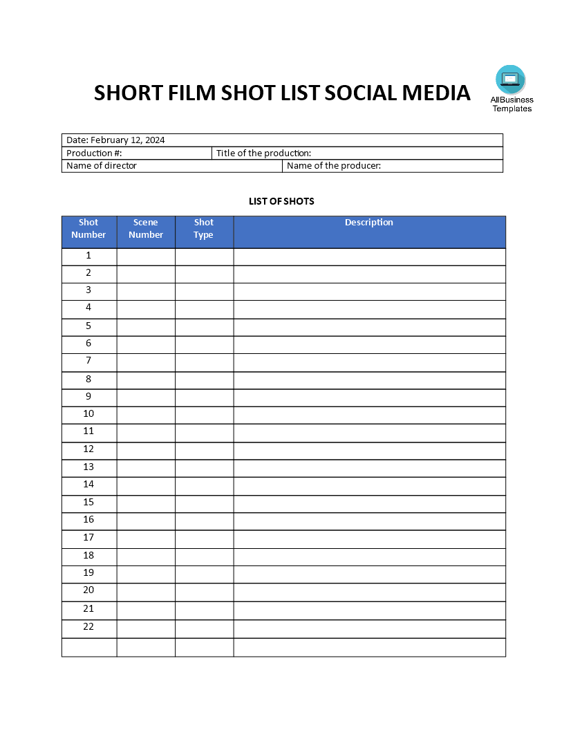 shot list template voorbeeld afbeelding 
