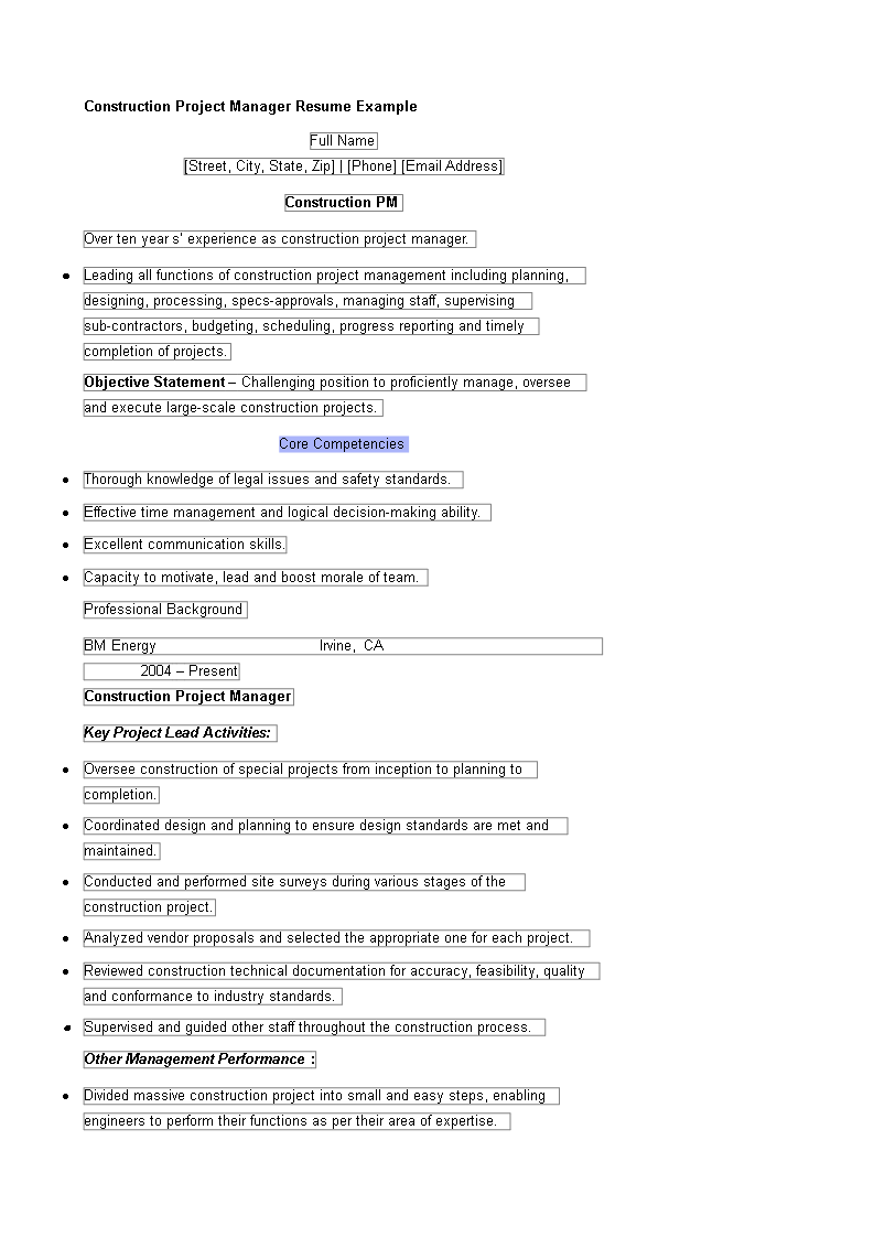 construction project manager resume template template