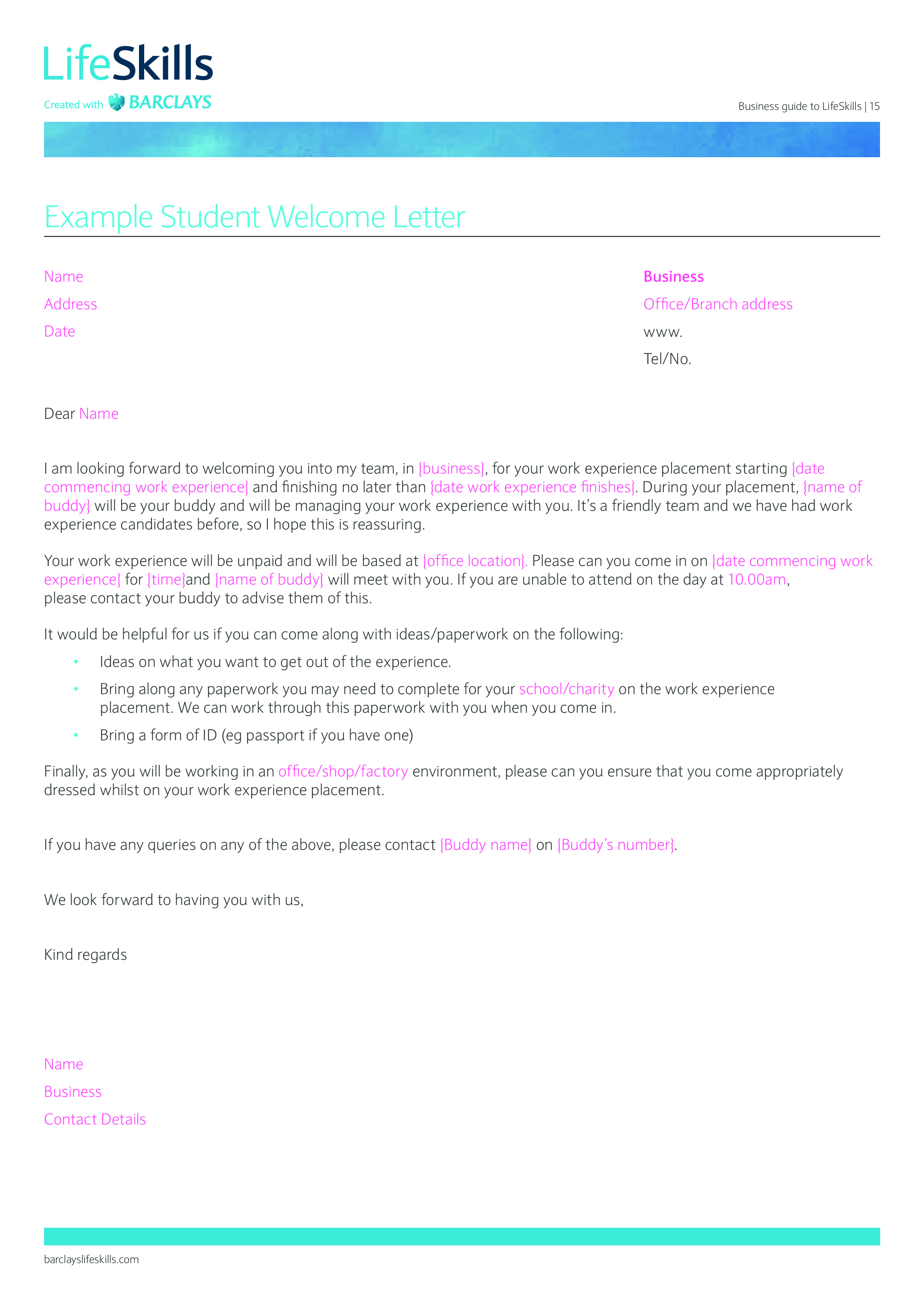 Student Welcome Letter 模板