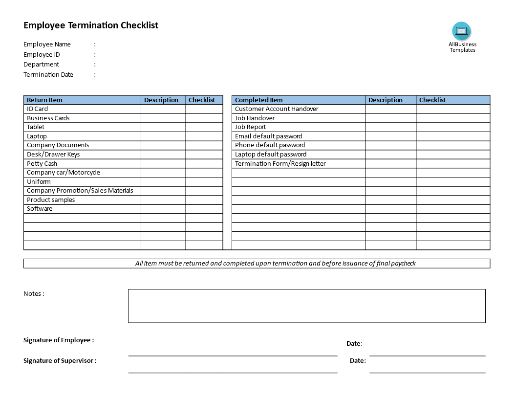 Kostenloses Employee Termination Checklist In Handover Certificate Template