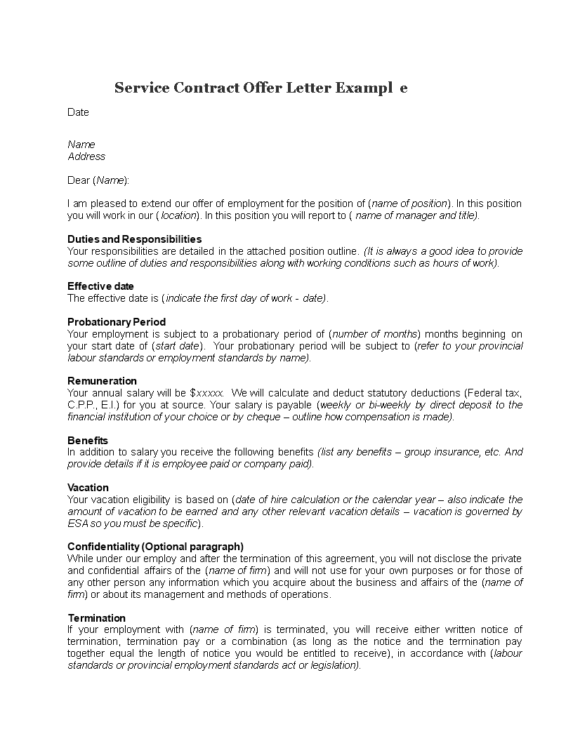 Kostenloses Service Contract Offer Letter Example