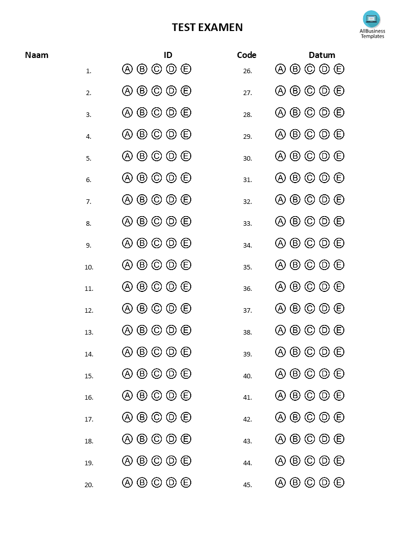 meerkeuze quiz antwoordblad template