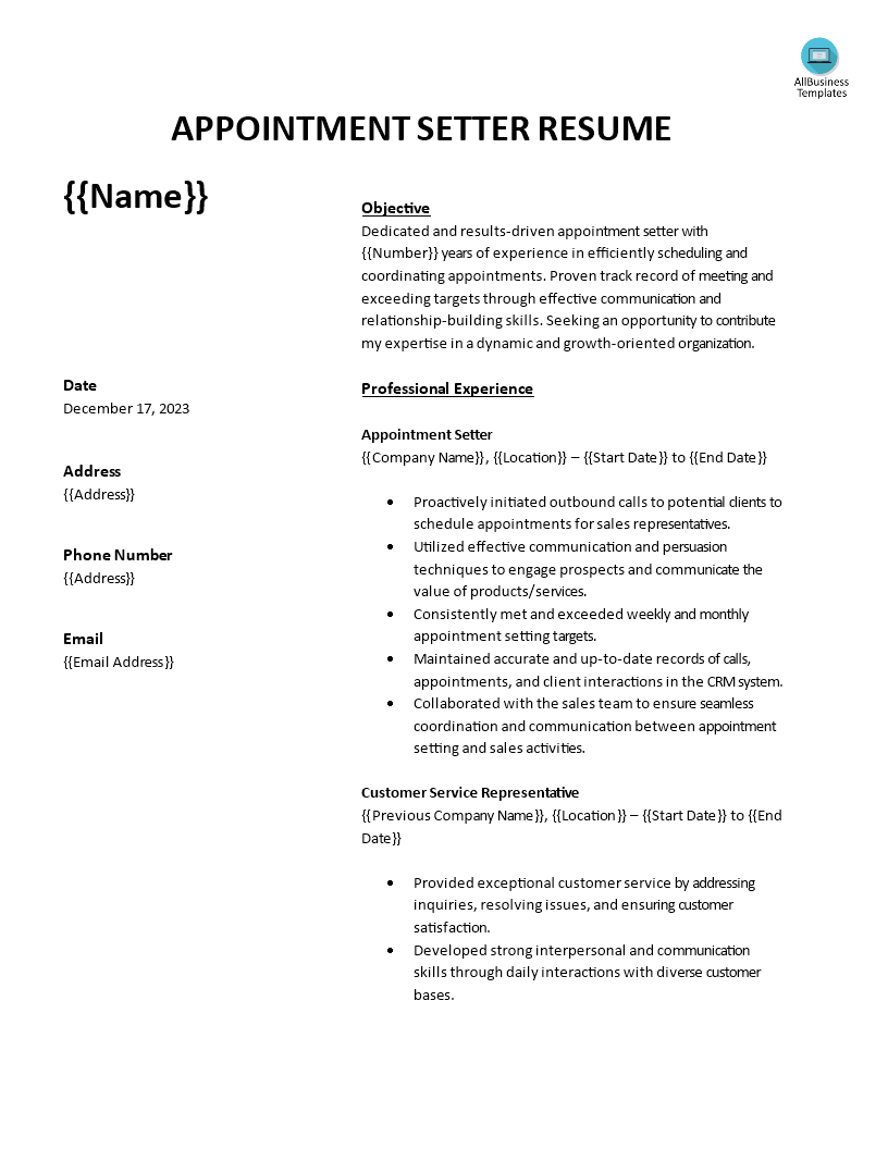 appointment setter resume template