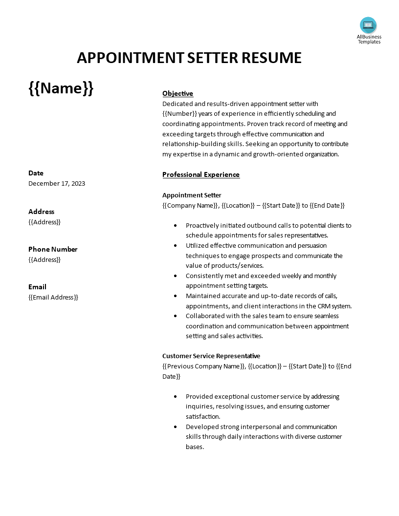 appointment setter resume modèles