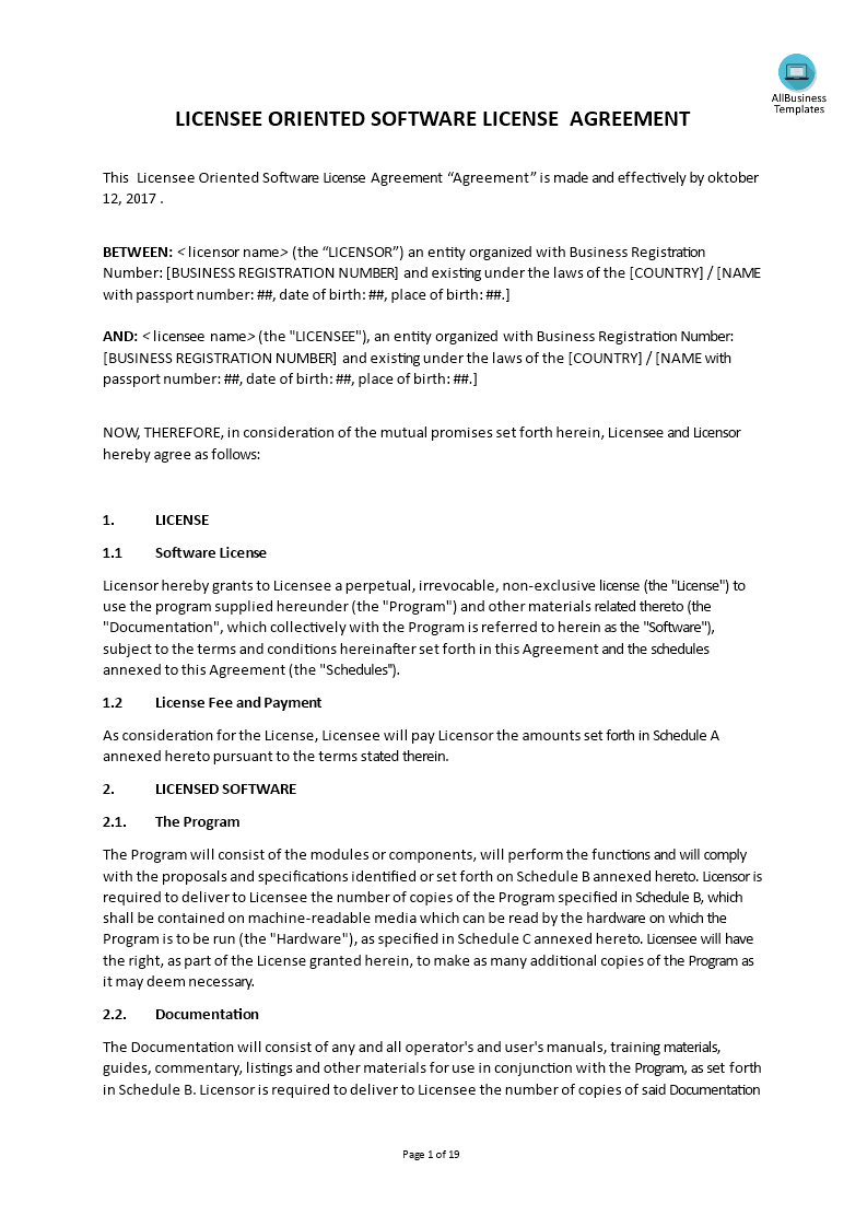 licensee oriented software license agreement template