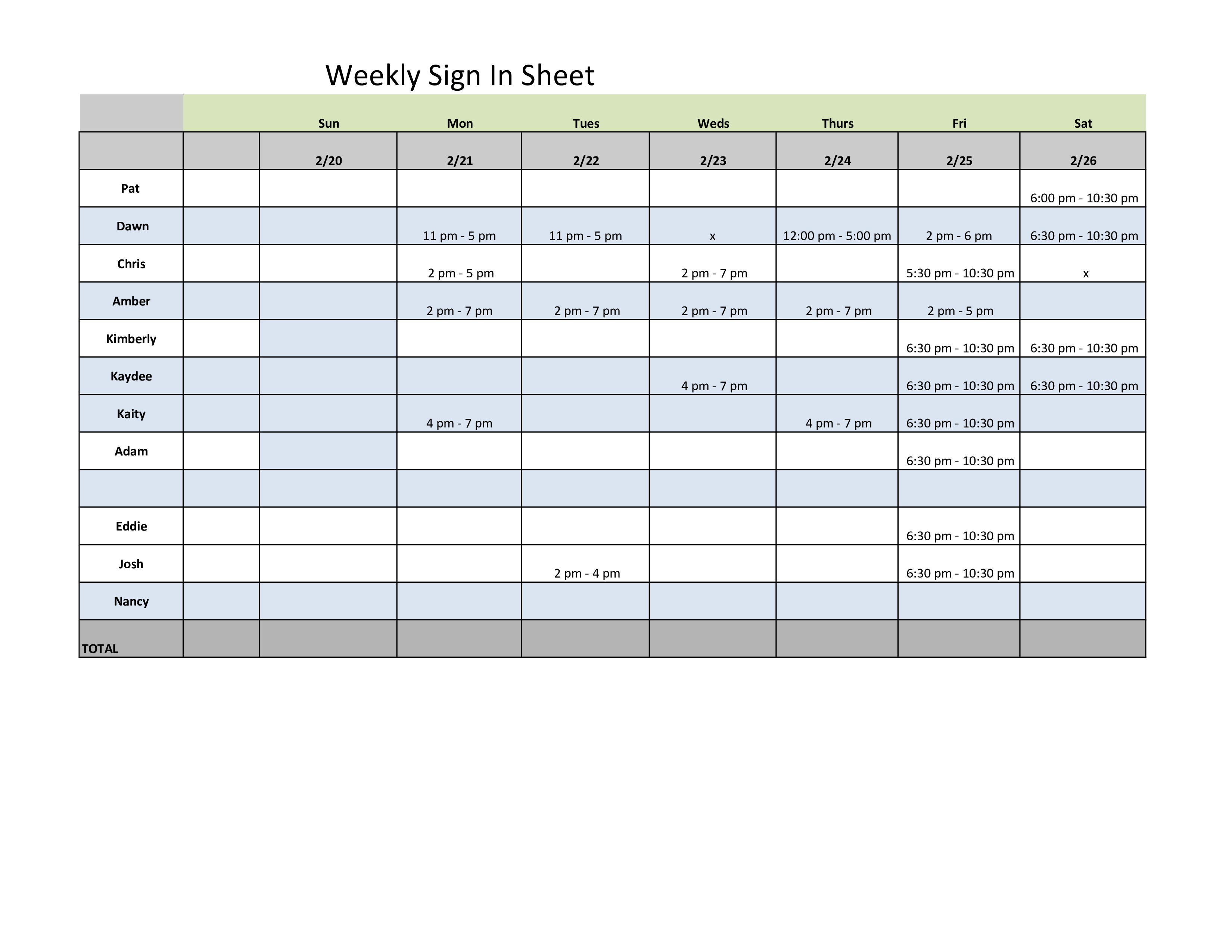 Weekly Sign In Sheet 模板