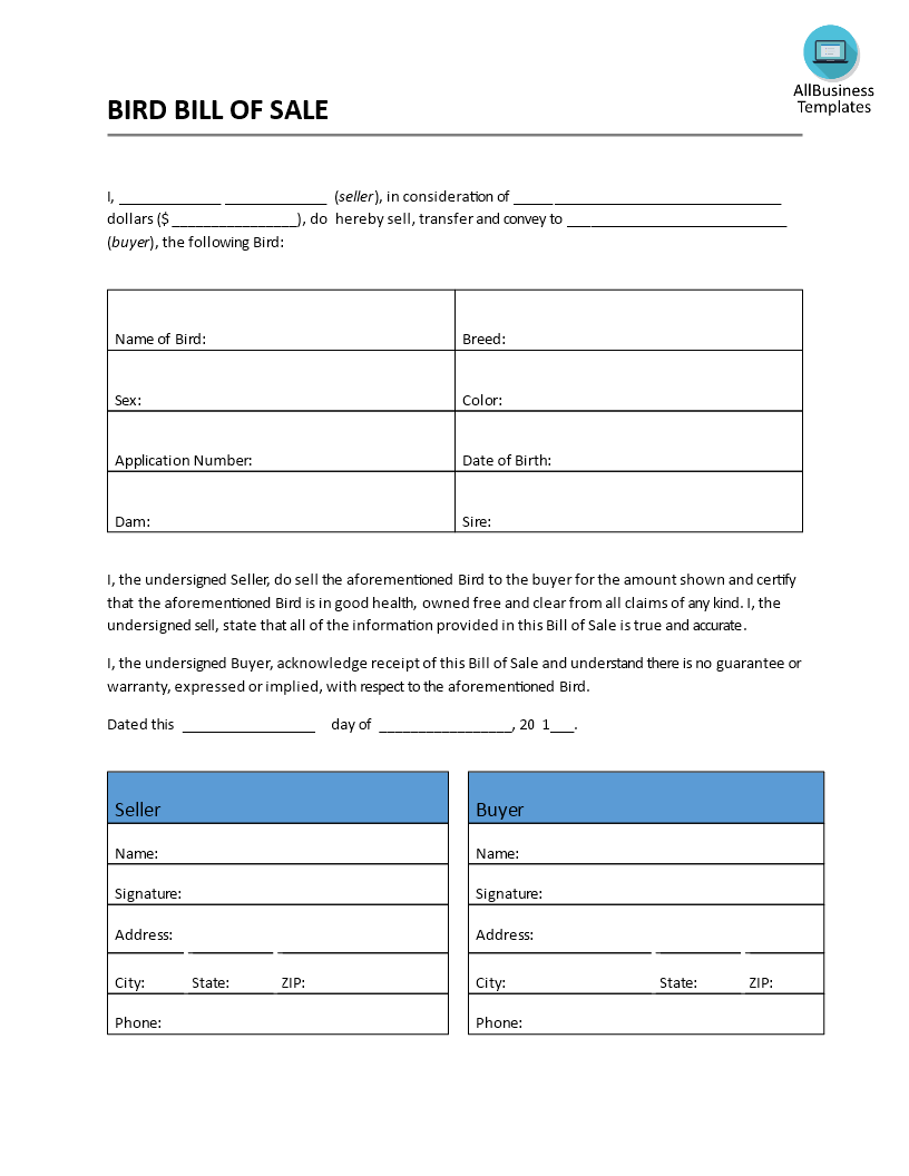 bird bill of sale template