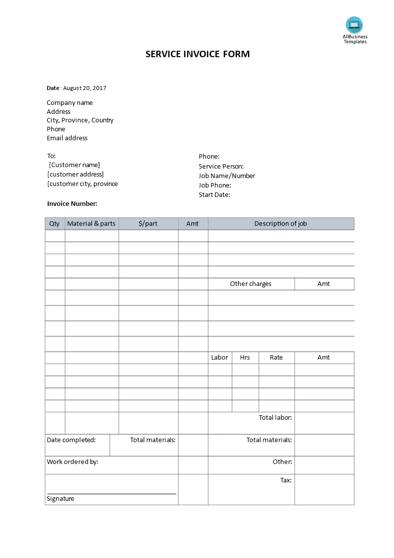 service invoice form voorbeeld afbeelding 