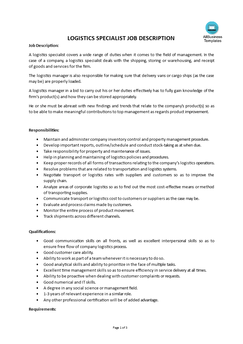 logistics specialist job description template