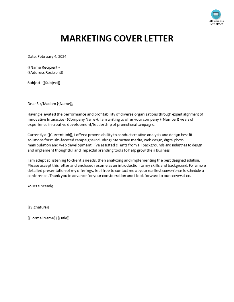 marketing application letter template template
